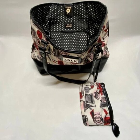 LULU by Lulu Guinness London Hand Bag Purse White Red Black Print Tote & Pouch - Picture 12 of 14